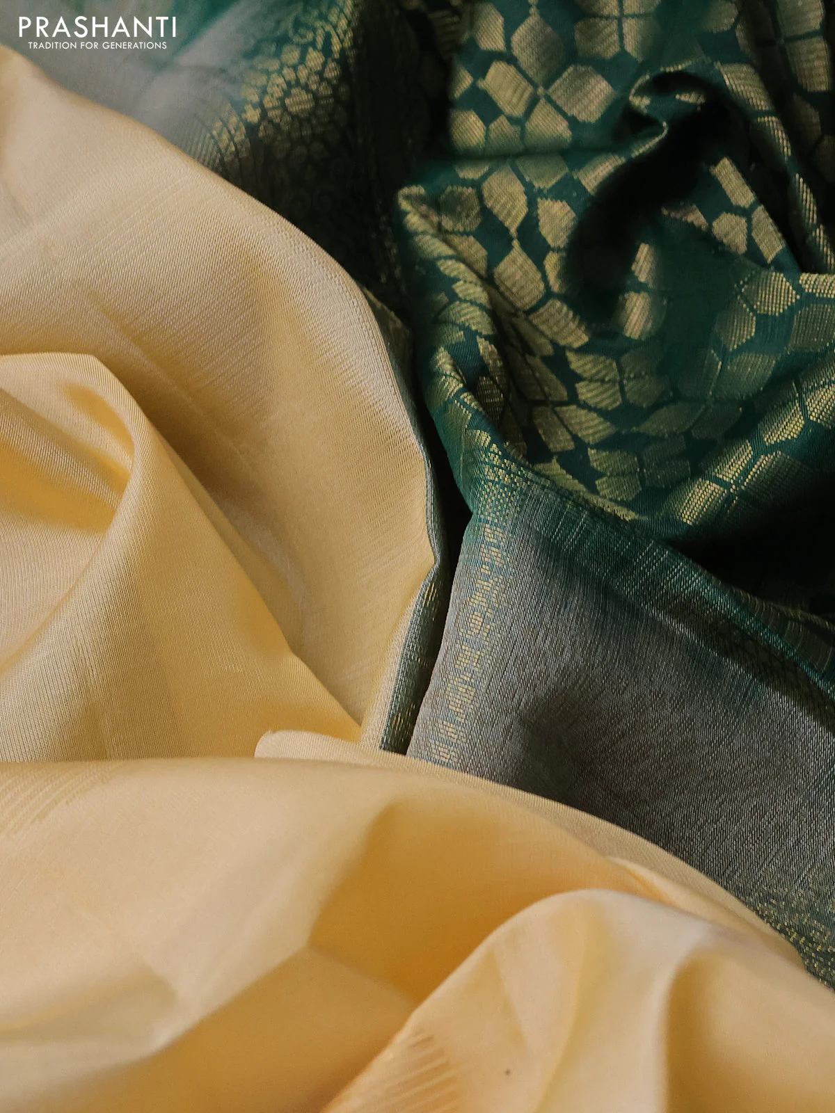 Kanchipuram silk saree pale yellow and green with zari woven buttas in borderless style - Image 3