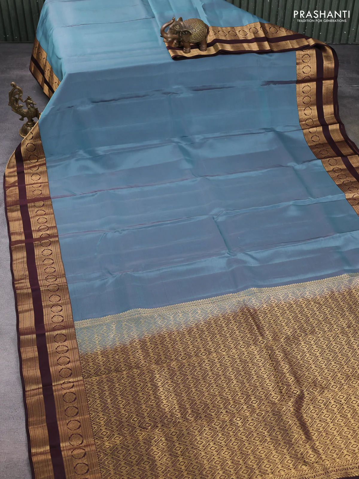 Kanchipuram silk saree pastel blue and coffee brown with plain body and rettapet zari woven border - Image 2