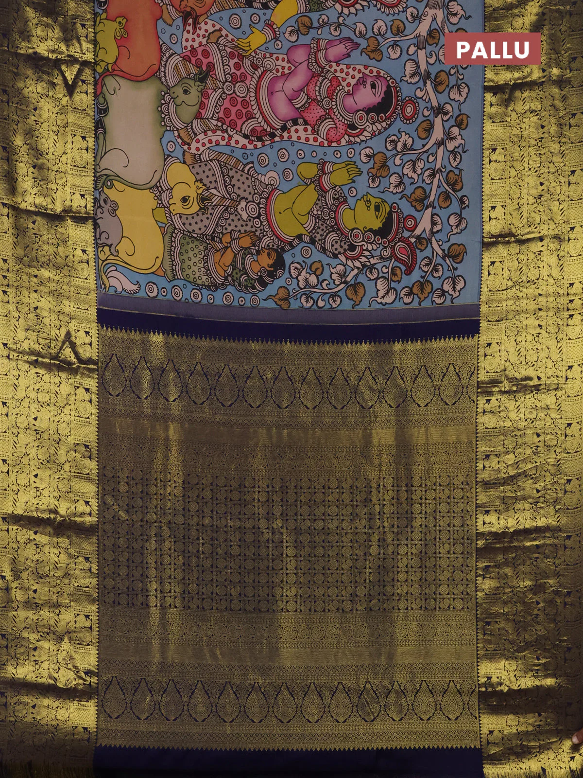 Pure kanchipuram silk saree pastel blue and navy blue with allover penkalamkari prints and long rich zari woven border - Image 3