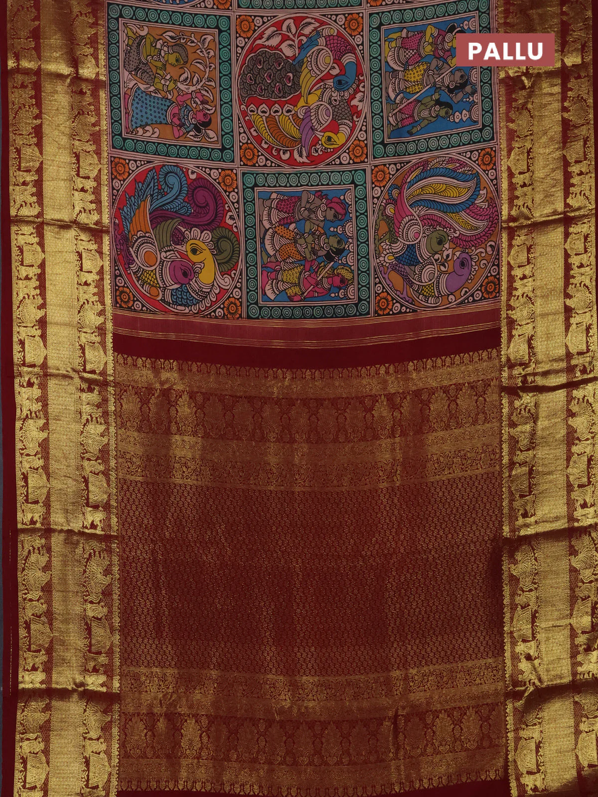 Pure kanchipuram silk saree pastel pink and deep maroon with allover penkalamkari prints and rich zari woven border - Image 3