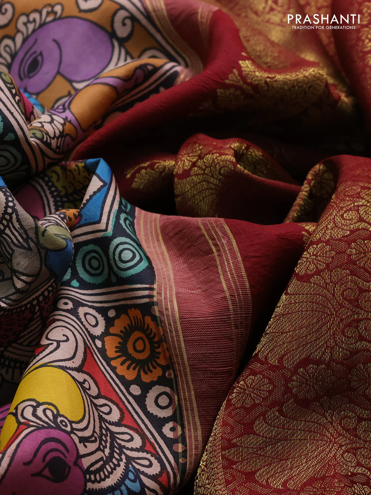 Pure kanchipuram silk saree pastel pink and deep maroon with allover penkalamkari prints and rich zari woven border - Image 4