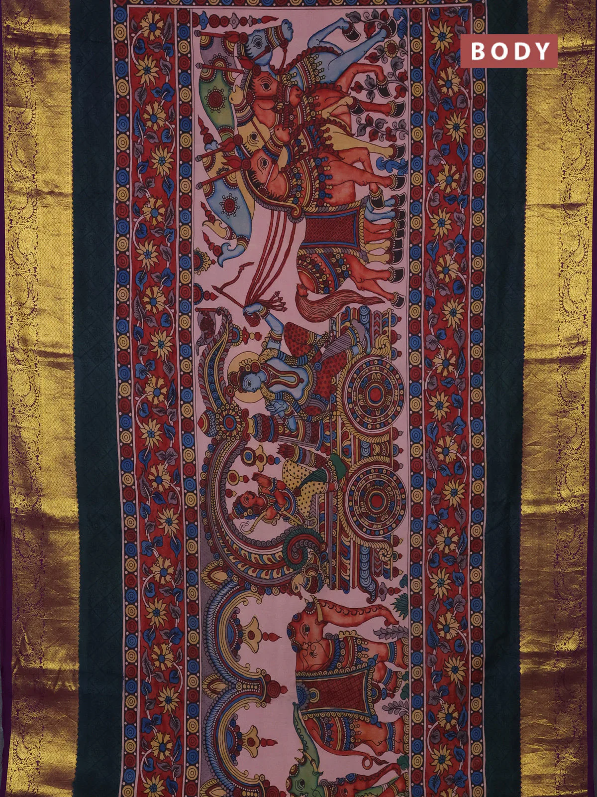 Pure kanchipuram silk saree pastel pink and purple with allover penkalamkari prints and rich zari woven border - Image 2