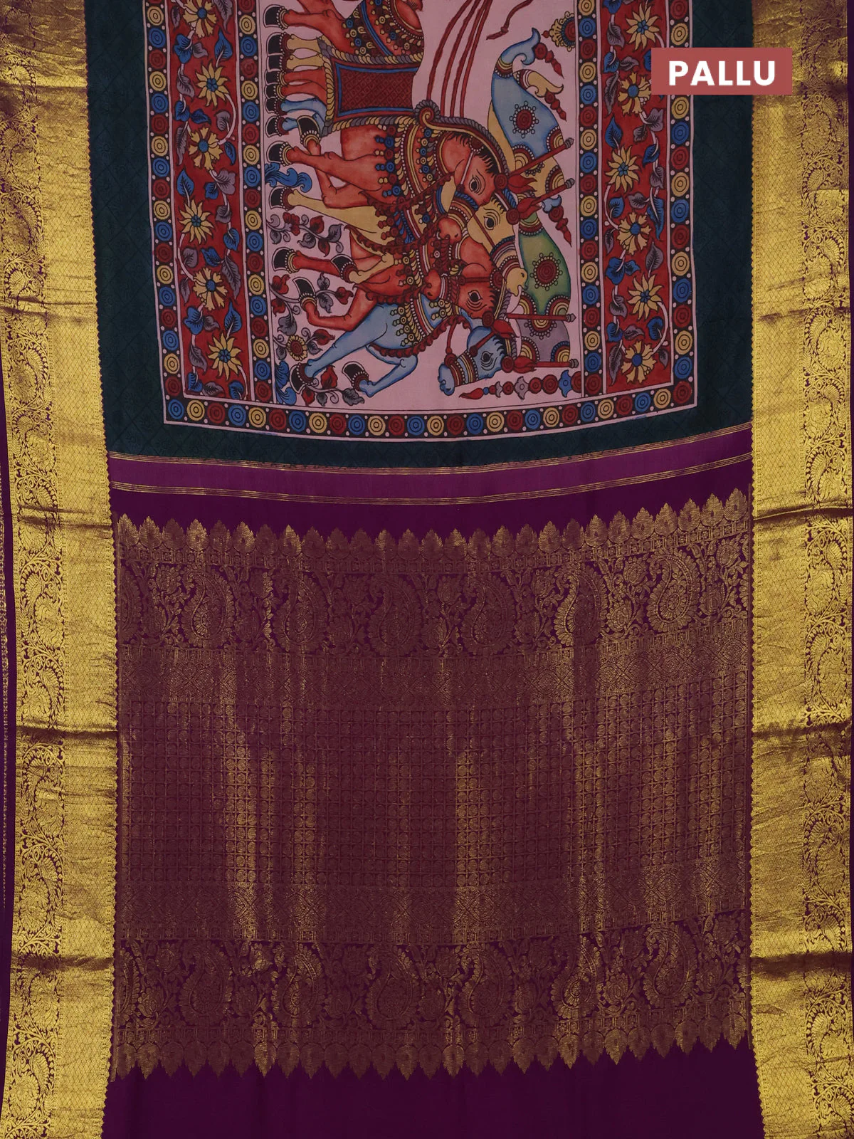 Pure kanchipuram silk saree pastel pink and purple with allover penkalamkari prints and rich zari woven border - Image 3