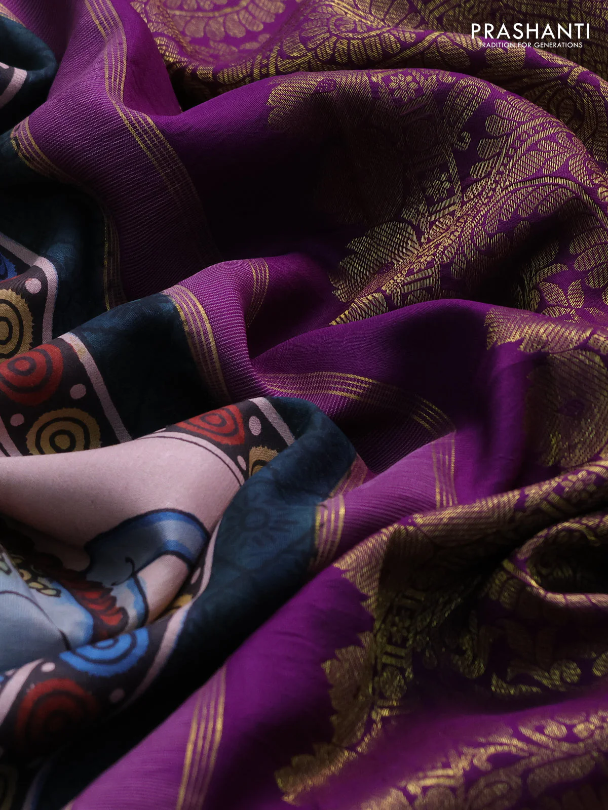 Pure kanchipuram silk saree pastel pink and purple with allover penkalamkari prints and rich zari woven border - Image 4