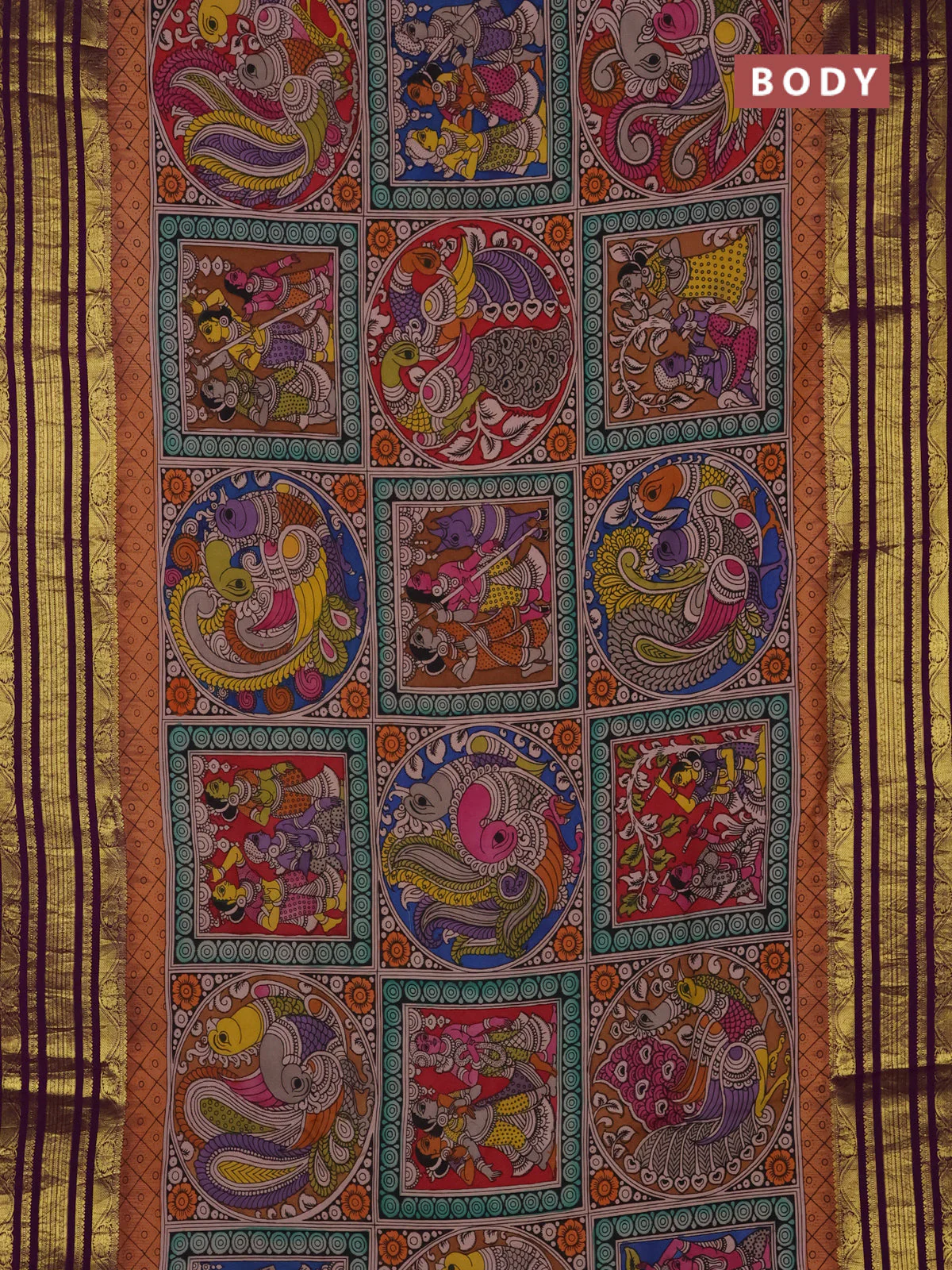 Pure kanchipuram silk saree peach orange and purple with allover penkalamkari prints and rich zari woven border - Image 2
