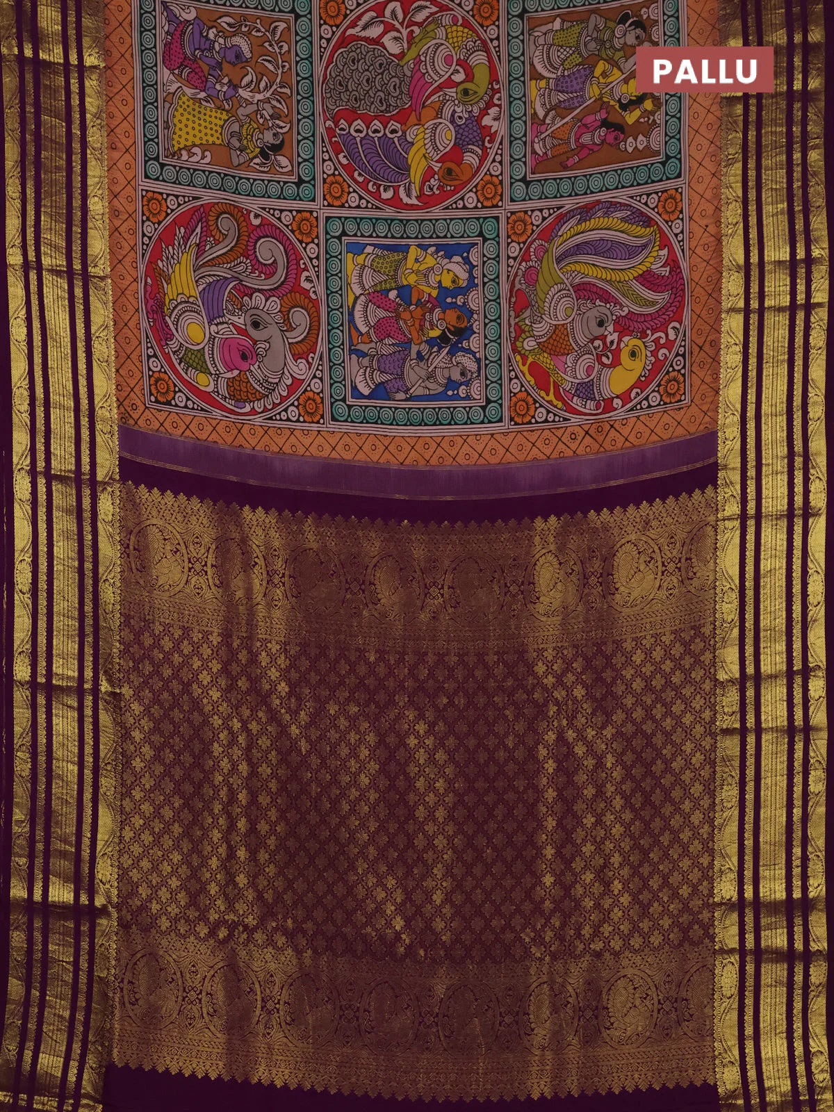 Pure kanchipuram silk saree peach orange and purple with allover penkalamkari prints and rich zari woven border - Image 3