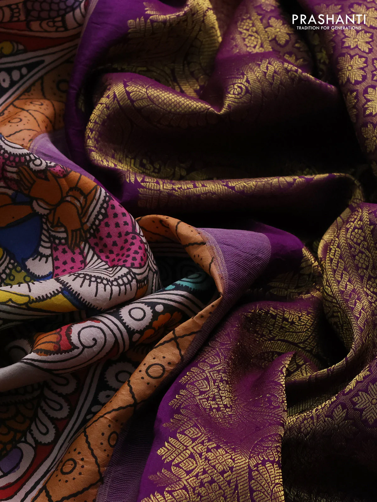 Pure kanchipuram silk saree peach orange and purple with allover penkalamkari prints and rich zari woven border - Image 4