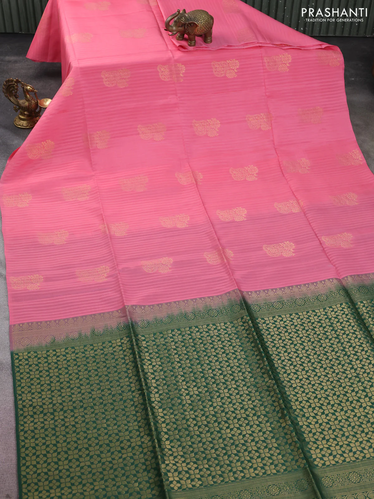 Kanchipuram silk saree peach pink and green with zari woven buttas in borderless style - Image 2