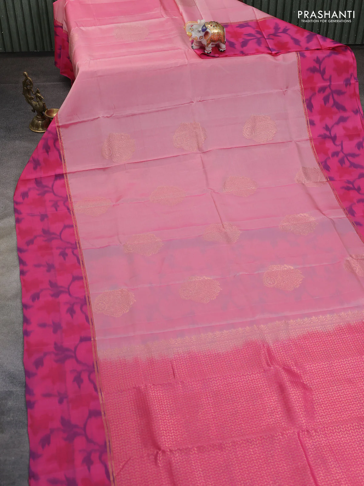 Kanchipuram silk saree peach pink and pink with copper zari woven buttas and copper ikat woven border - Image 2