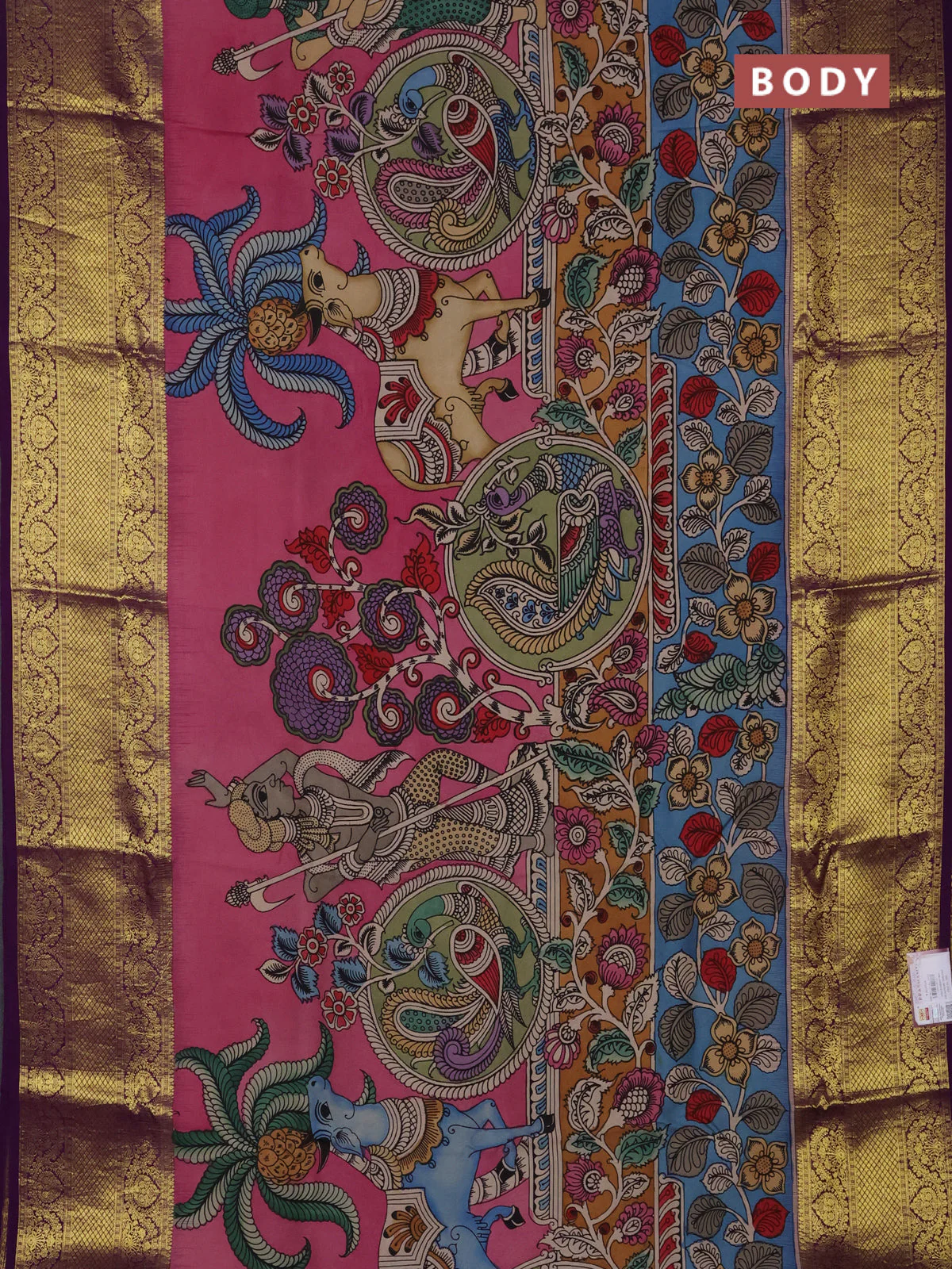 Pure kanchipuram silk saree peach pink and purple with allover penkalamkari prints and long rich zari woven border - Image 2