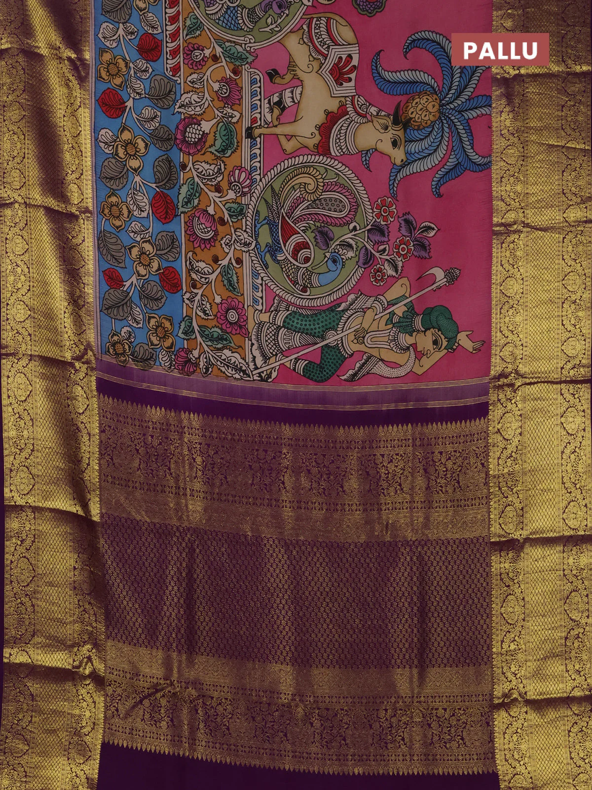 Pure kanchipuram silk saree peach pink and purple with allover penkalamkari prints and long rich zari woven border - Image 3