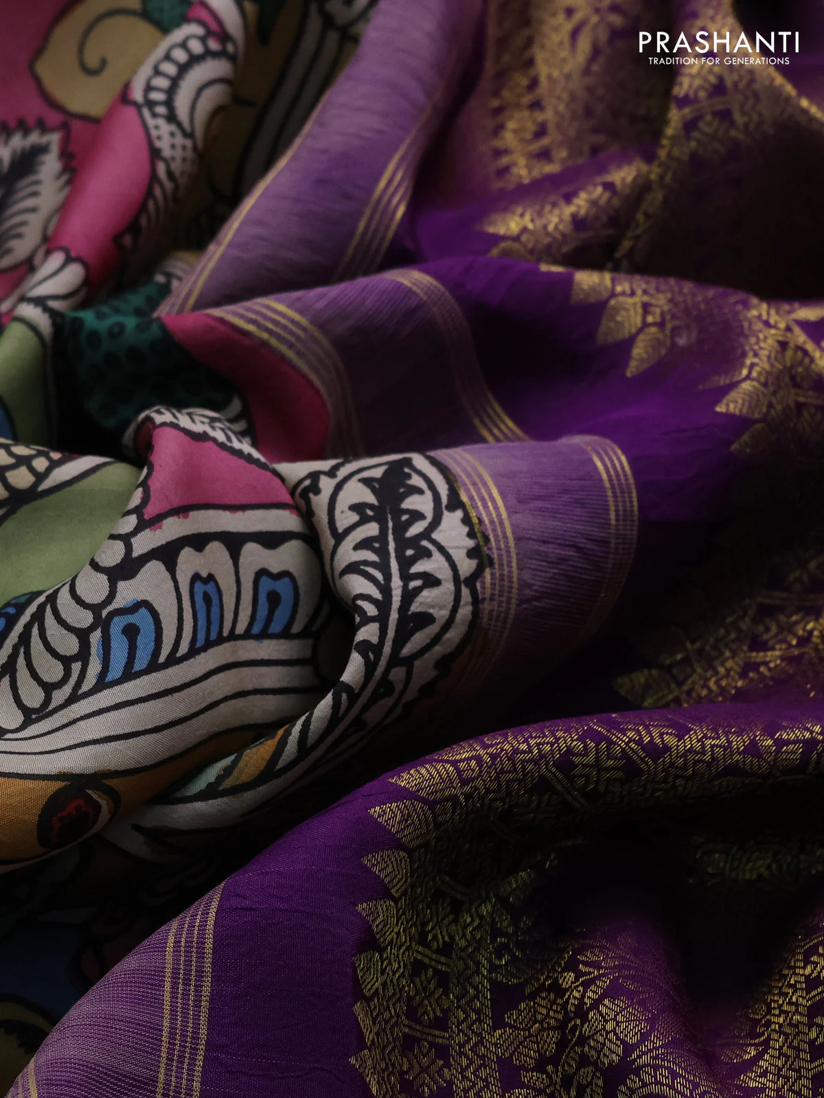 Pure kanchipuram silk saree peach pink and purple with allover penkalamkari prints and long rich zari woven border - Image 4