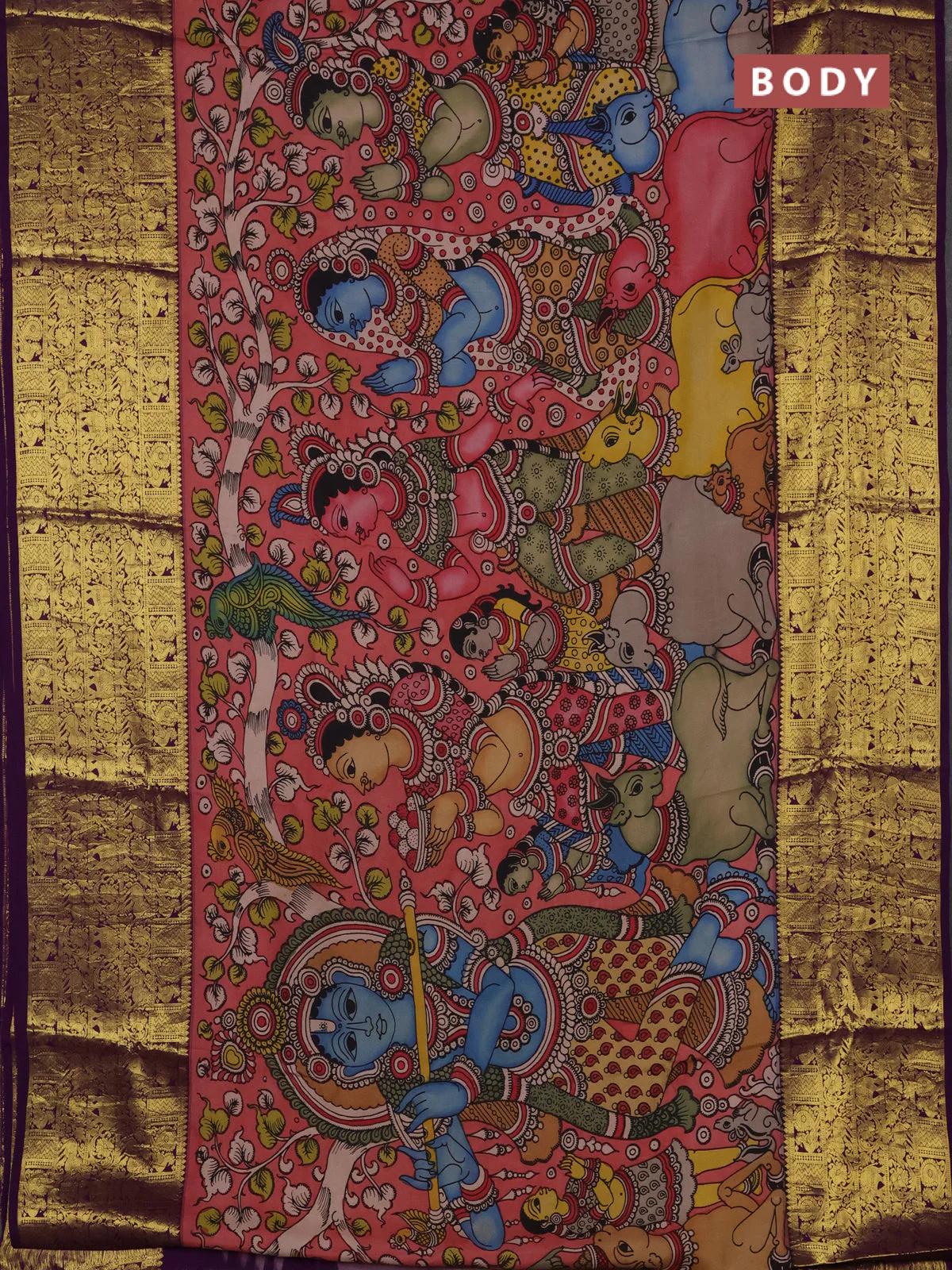 Pure kanchipuram silk saree peach shade and purple with allover penkalamkari prints and long rich annam zari woven border - Image 2