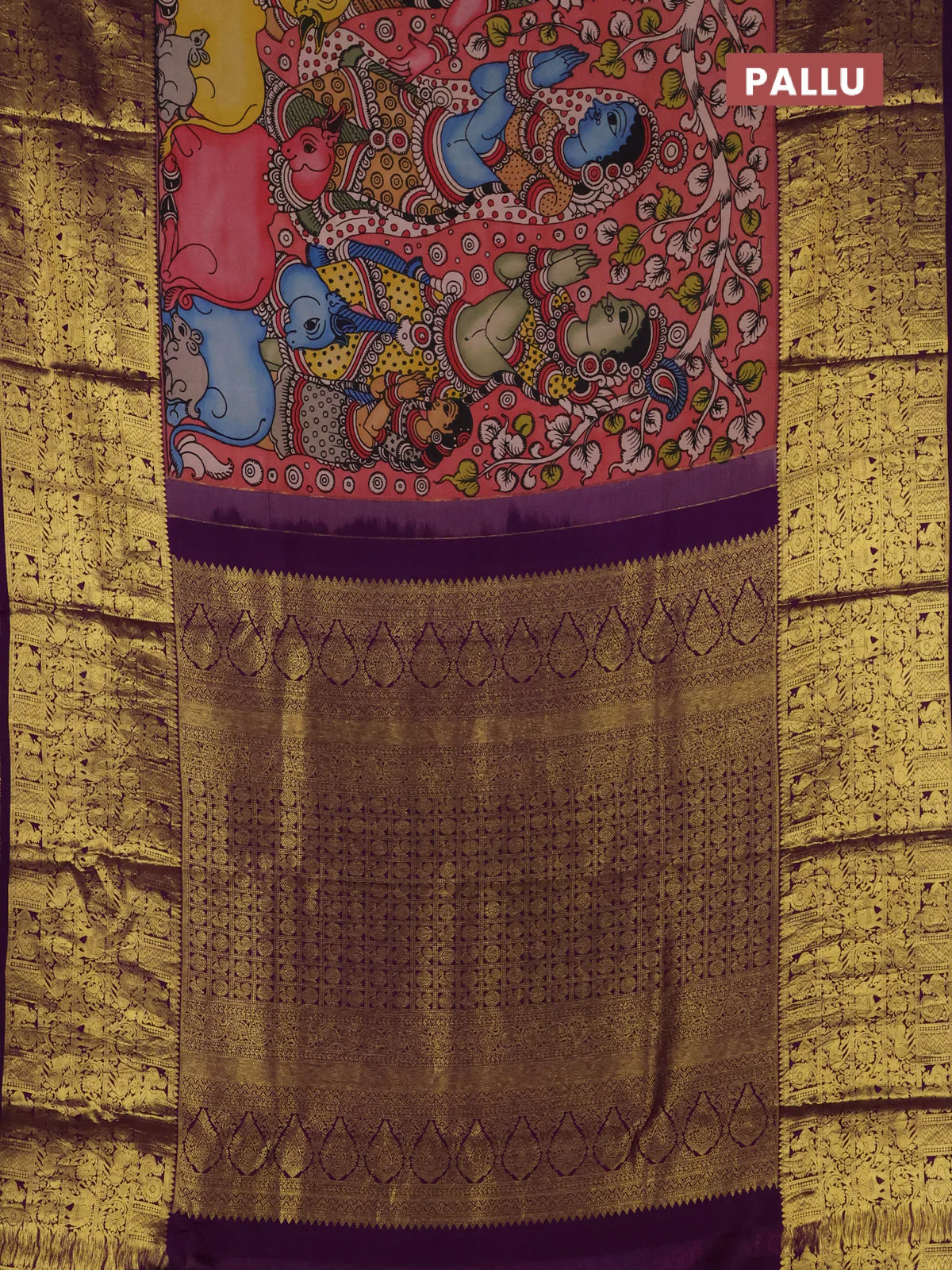 Pure kanchipuram silk saree peach shade and purple with allover penkalamkari prints and long rich annam zari woven border - Image 3
