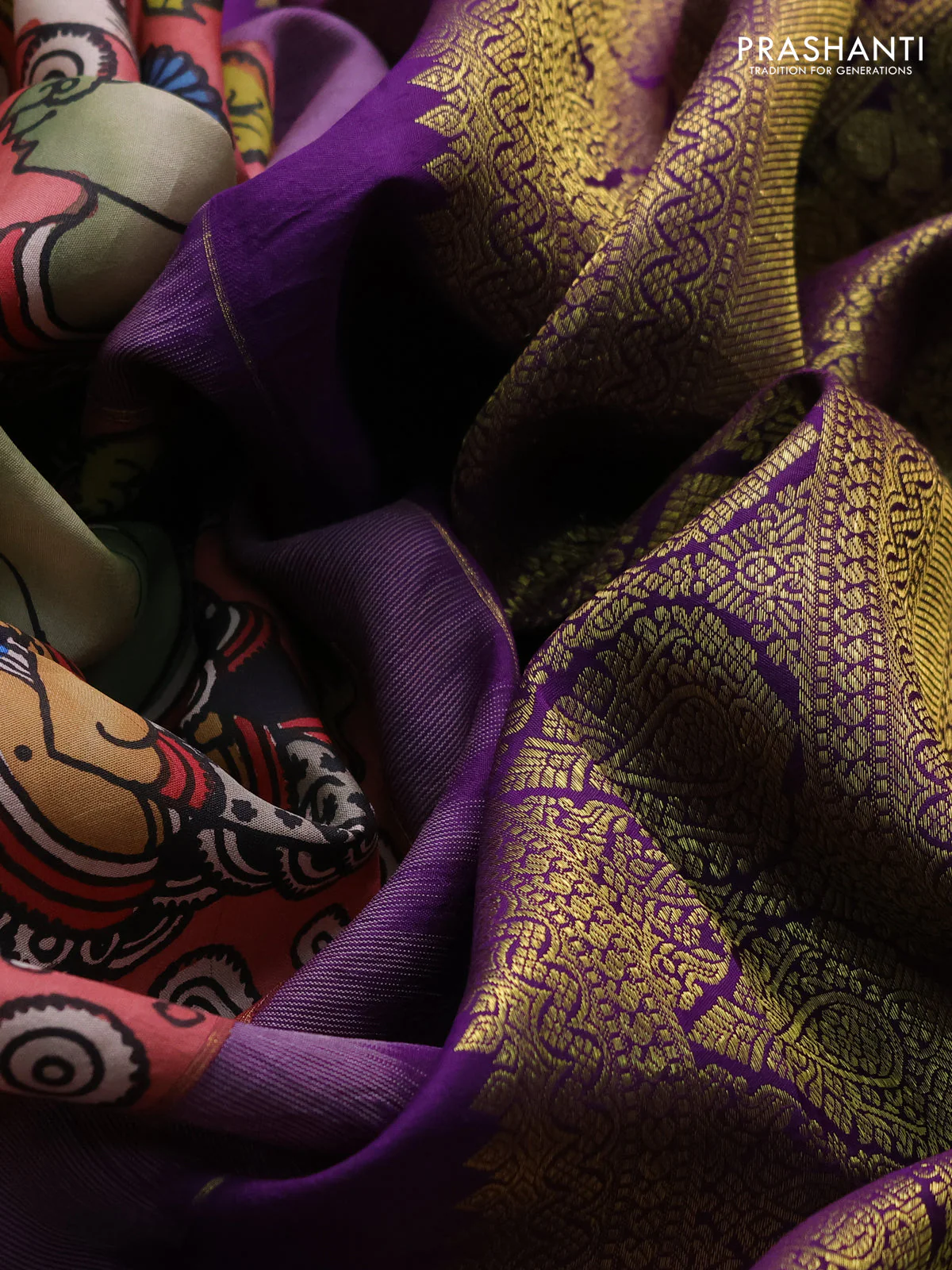 Pure kanchipuram silk saree peach shade and purple with allover penkalamkari prints and long rich annam zari woven border - Image 4