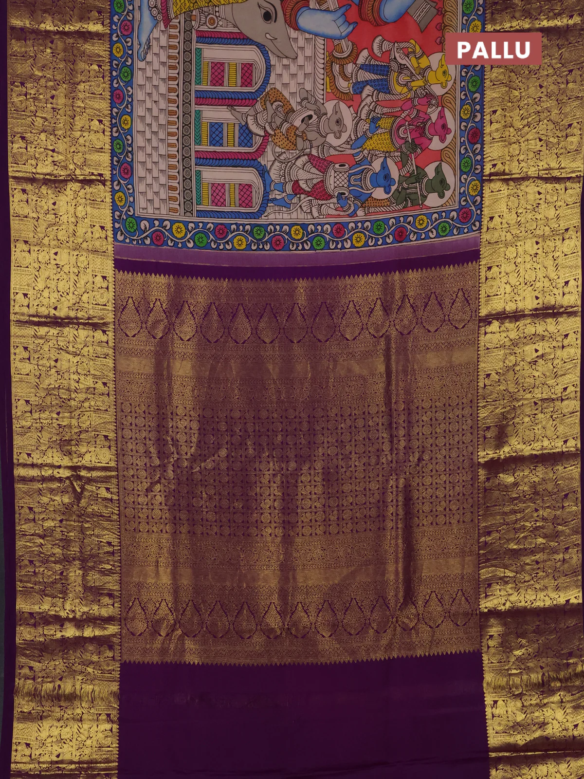 Pure kanchipuram silk saree peach shade and purple with allover penkalamkari prints and long rich zari woven border - Image 2