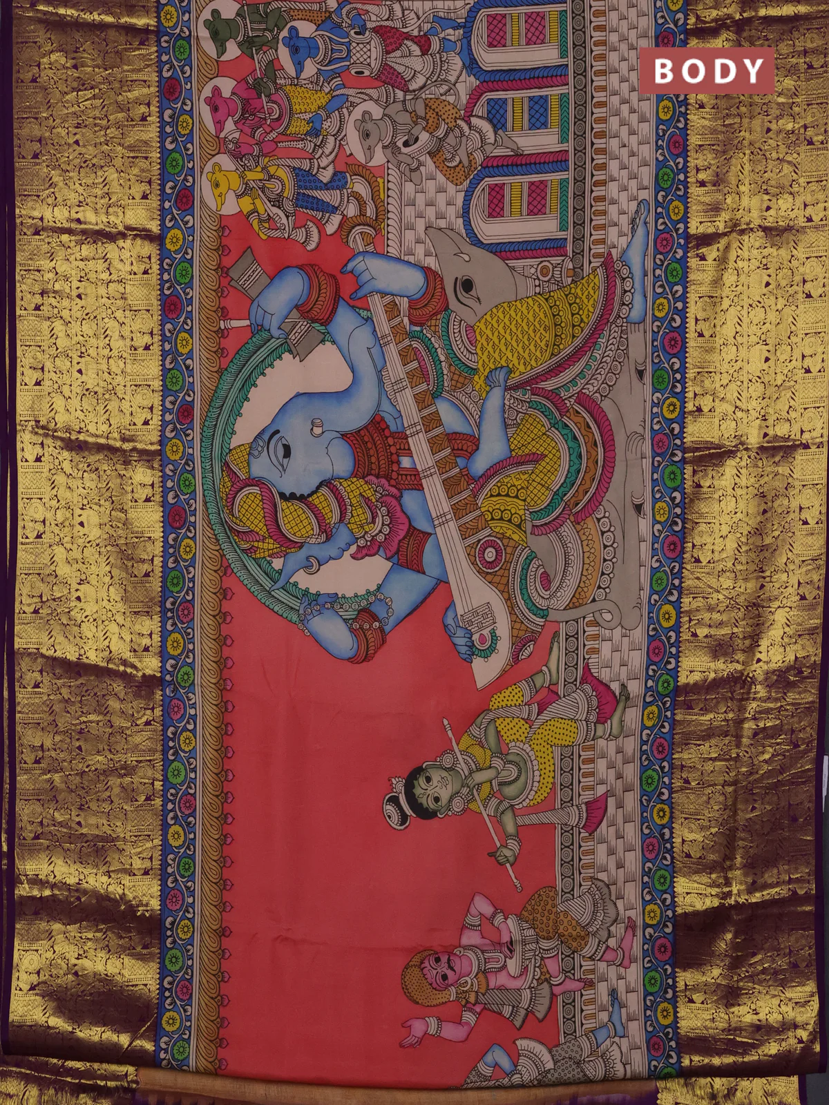 Pure kanchipuram silk saree peach shade and purple with allover penkalamkari prints and long rich zari woven border - Image 3