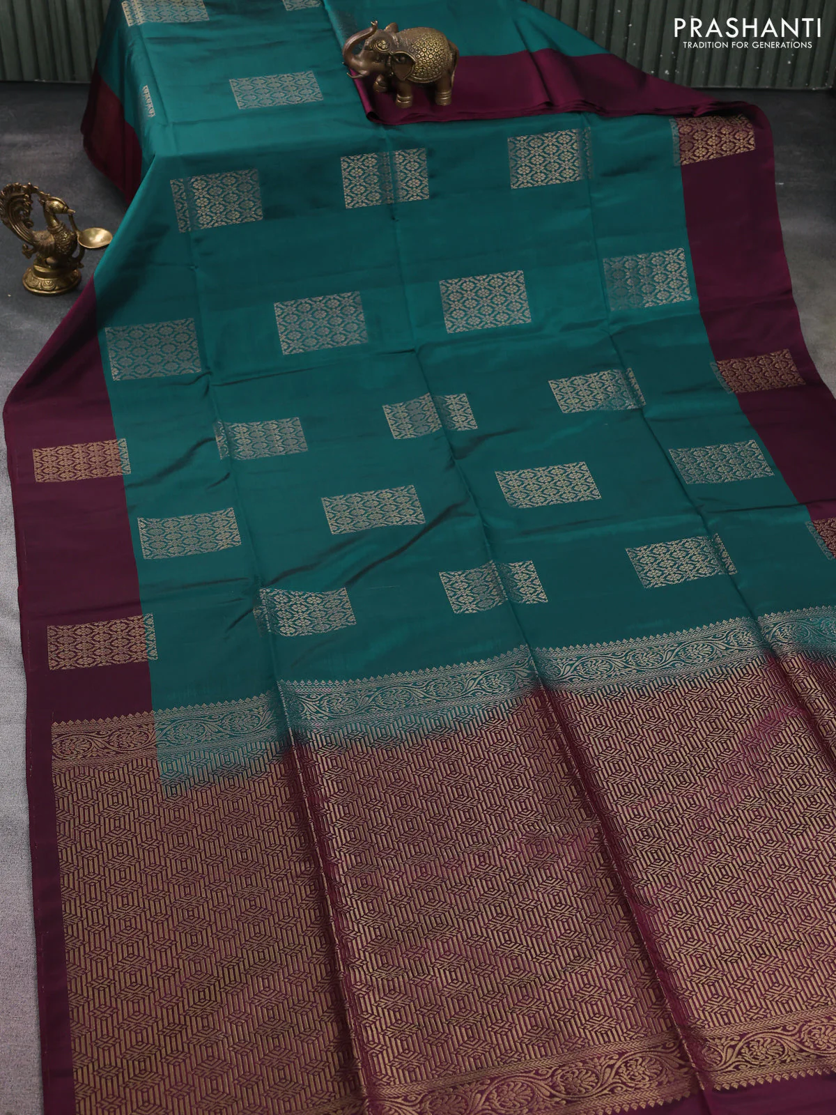 Kanchipuram silk saree peacock blue and wine shade with zari woven buttas and zari woven butta border - Image 2