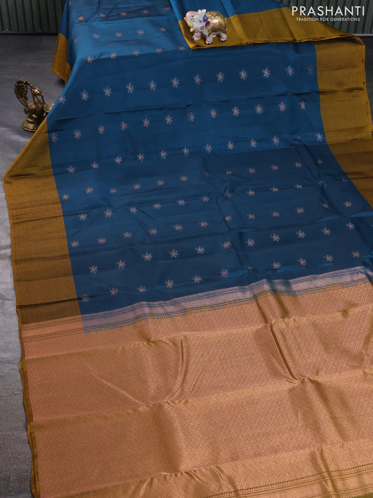 Kanchipuram silk saree peacock green and mustard shade with zari woven buttas and self emboss border - Image 2