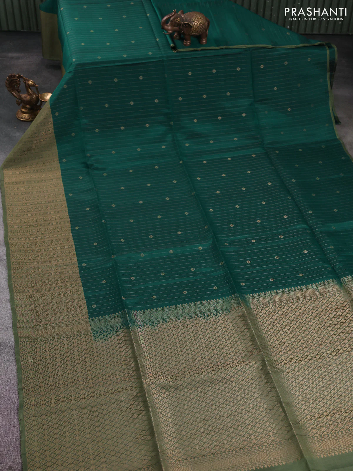 Kanchipuram silk saree peacock green and pastel green with allover zari weaves and rich zari woven border - Image 2