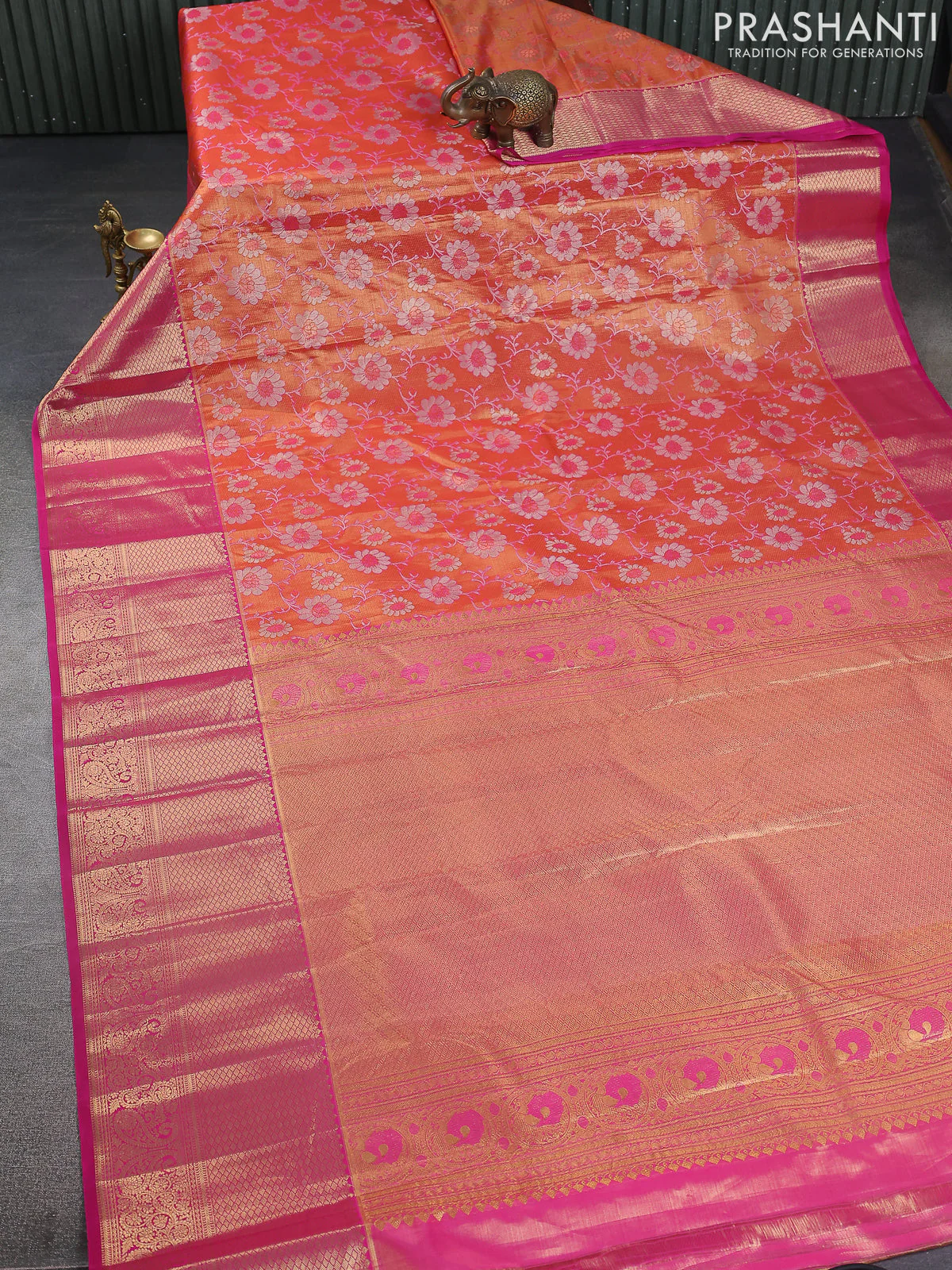 Kanchipuram silk saree pinkish orange and pink with allover zari woven brocade weaves and zari woven border - Image 2