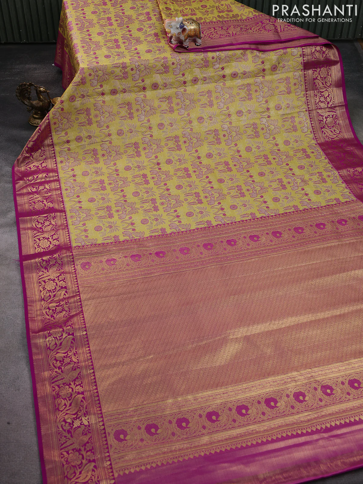 Kanchipuram silk saree pista green and magenta pink with allover zari woven mina weaves and zari woven border - Image 2