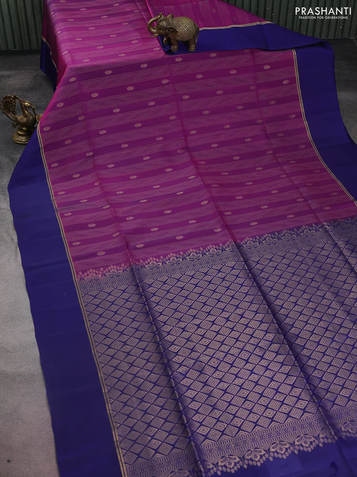 Kanchipuram silk saree purple and blue with allover zari weaves and zari woven simple border - Image 2