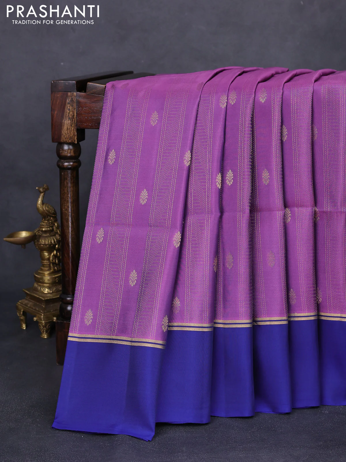 Kanchipuram silk saree purple and blue with allover zari weaves and zari woven simple border