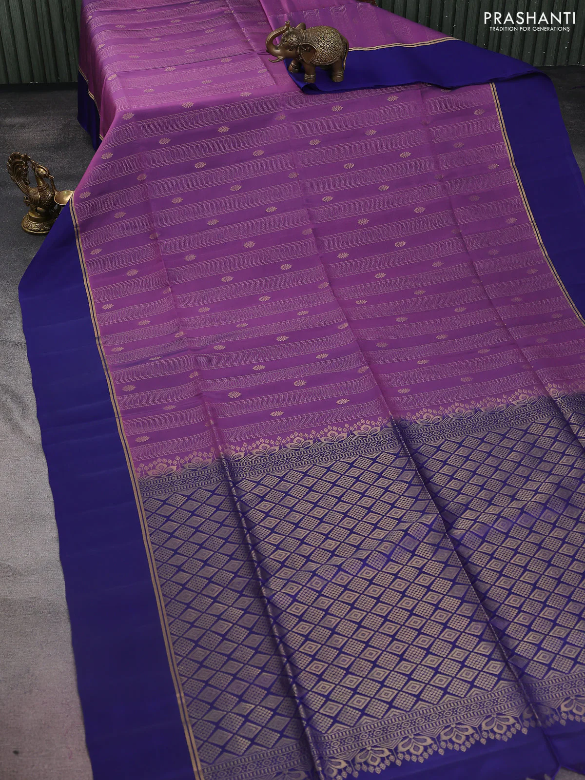 Kanchipuram silk saree purple and blue with allover zari weaves and zari woven simple border - Image 2