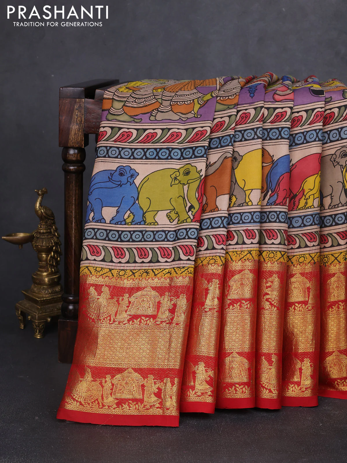 Pure kanchipuram silk saree purple and maroon with allover penkalamkari prints and rich zari woven border