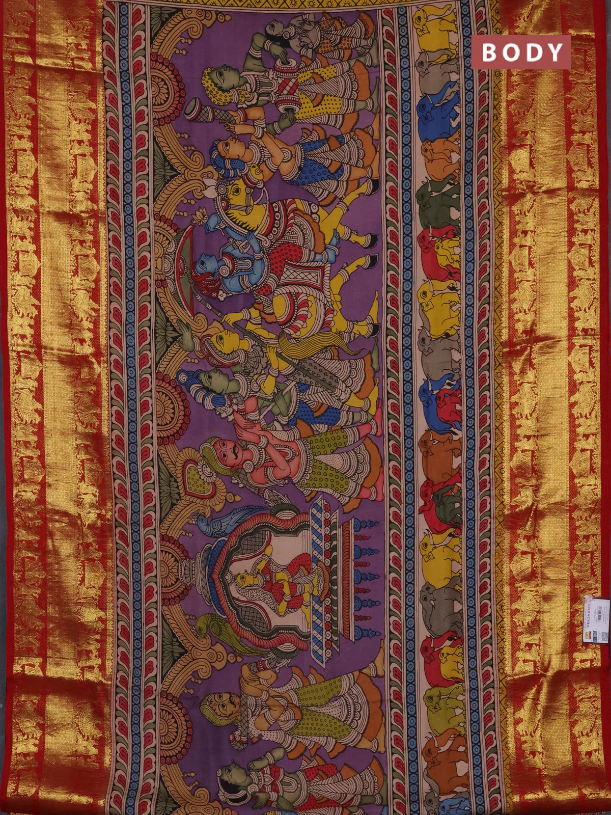 Pure kanchipuram silk saree purple and maroon with allover penkalamkari prints and rich zari woven border - Image 2