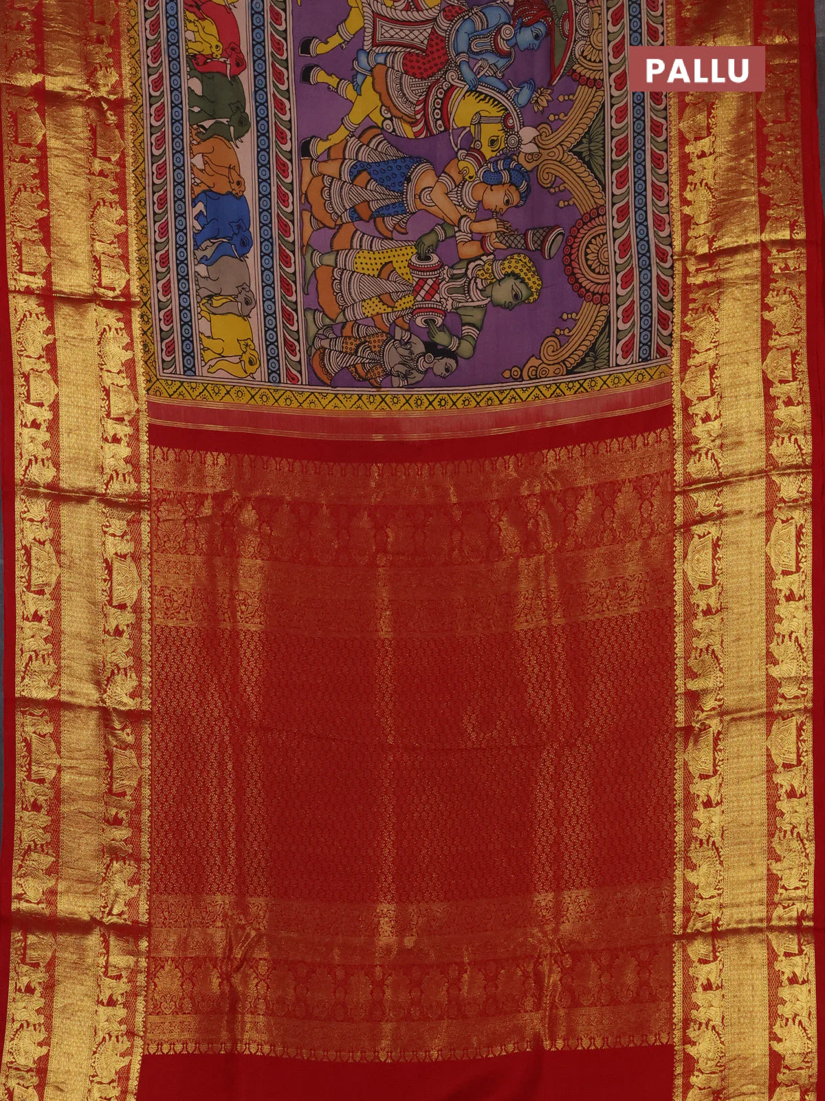 Pure kanchipuram silk saree purple and maroon with allover penkalamkari prints and rich zari woven border - Image 3
