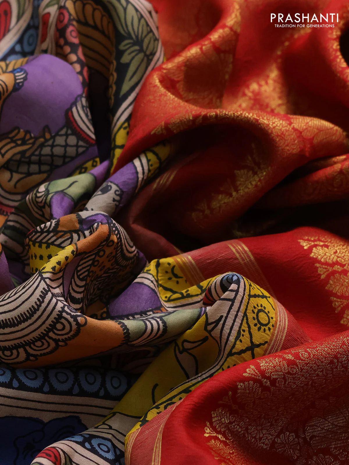Pure kanchipuram silk saree purple and maroon with allover penkalamkari prints and rich zari woven border - Image 4