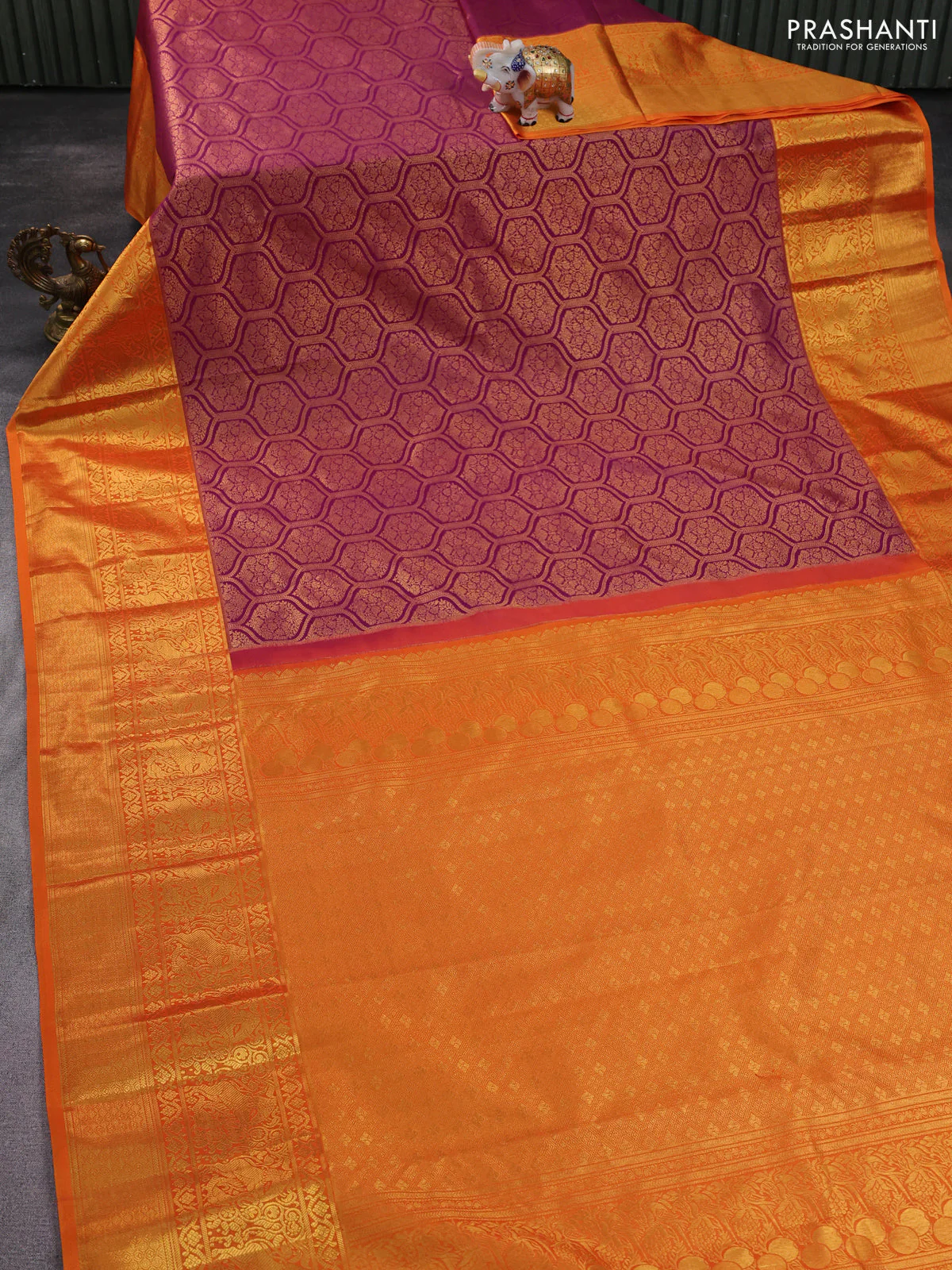 Kanchipuram silk saree purple and orange with allover zari woven brocade weaves and zari woven border - Image 2