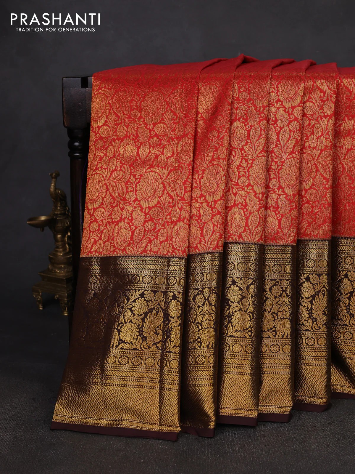 Kanchipuram silk saree red and coffee brown with allover zari woven brocade weaves and long zari woven border