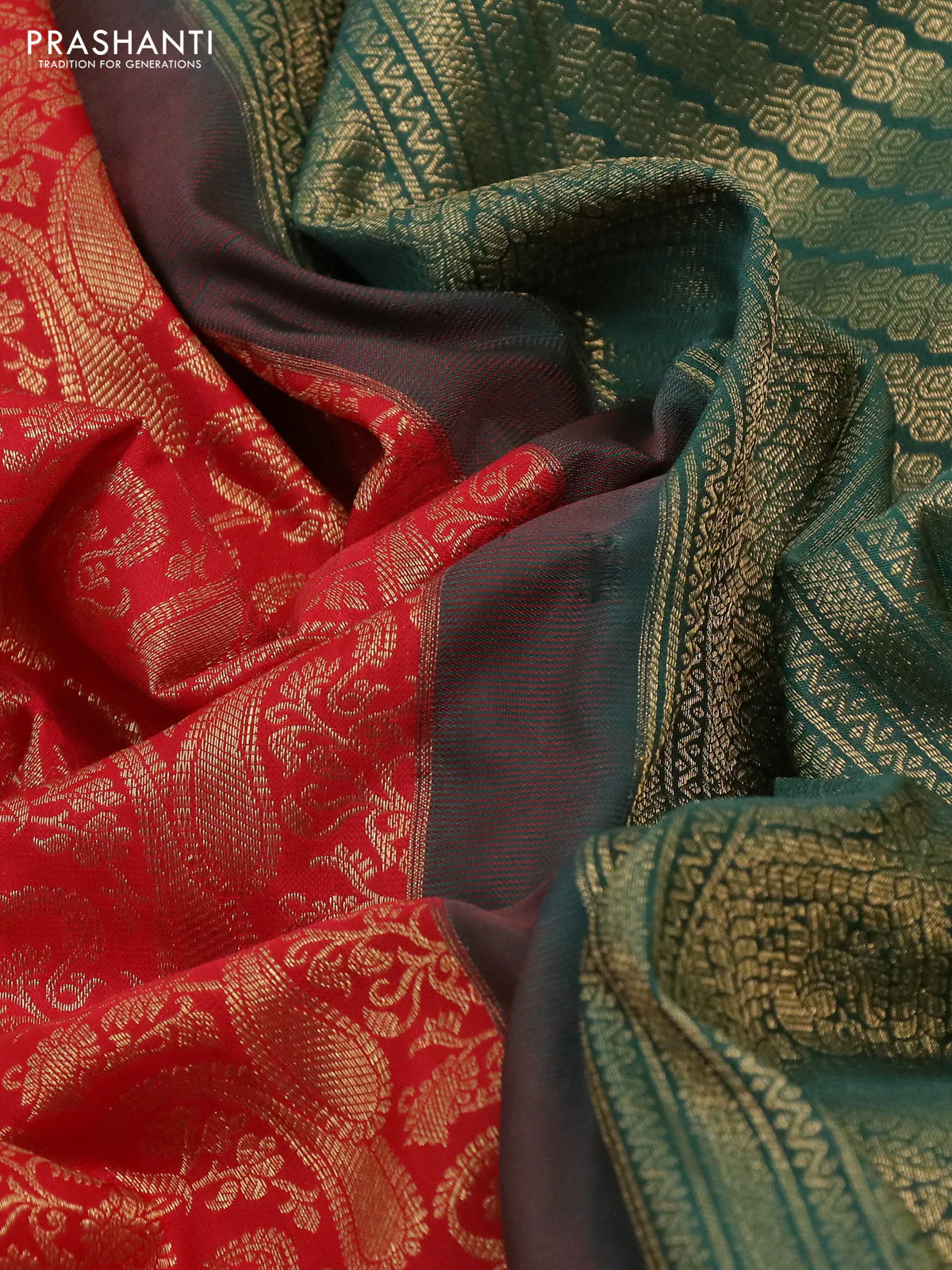 Kanchipuram silk saree red and green shade with allover zari woven brocade weaves and long rich zari woven border - Image 3