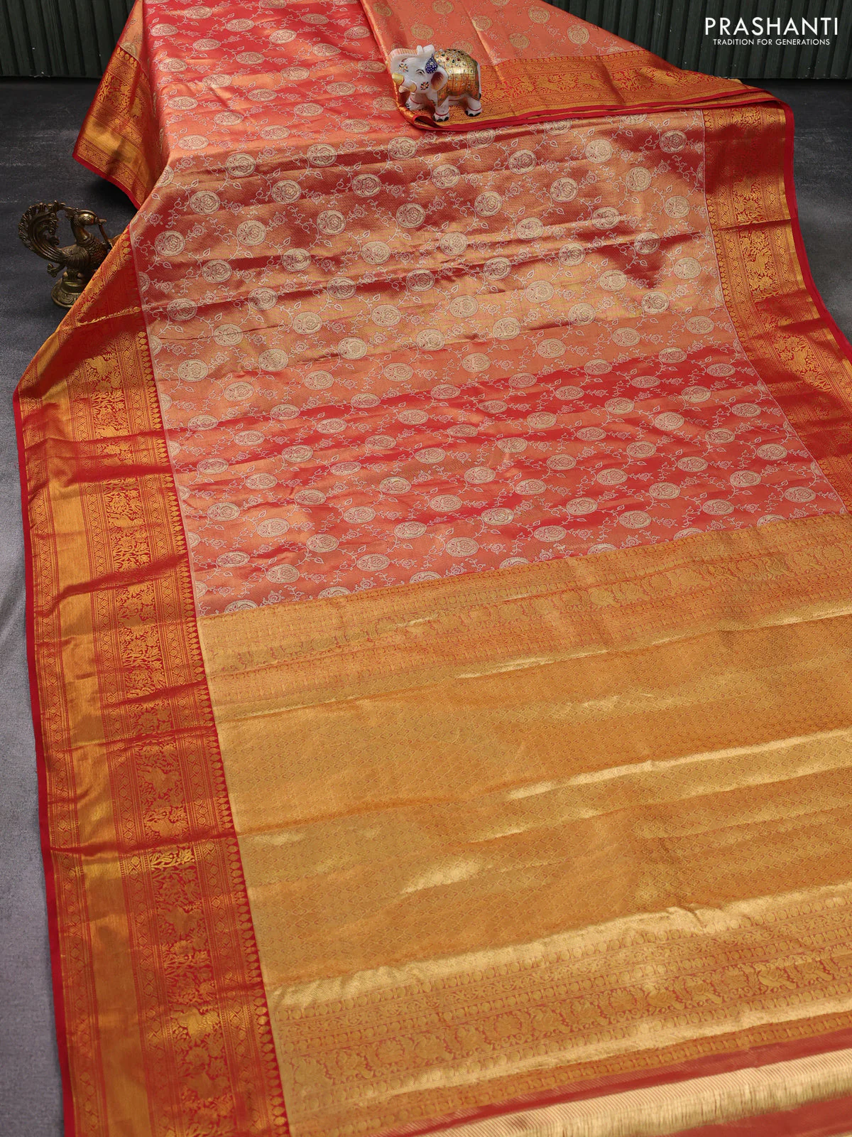 Kanchipuram silk saree red shade with allover zari woven brocade weaves and long zari woven border - Image 2