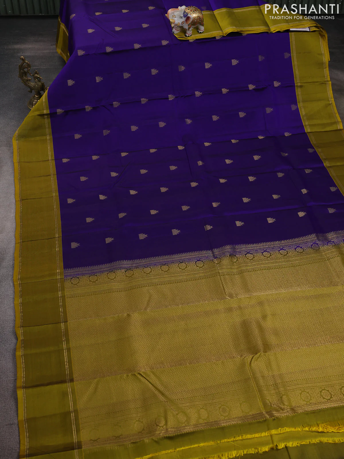 Kanchipuram silk saree royal blue and mustard green with temple zari woven buttas and rettapet zari woven border - Image 2