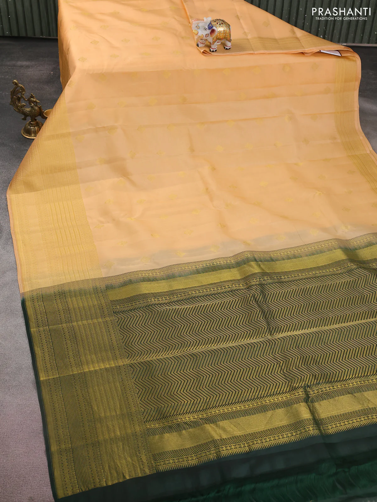 Kanchipuram silk saree sandal and bottle green with zari woven buttas and long zari woven border - Image 2