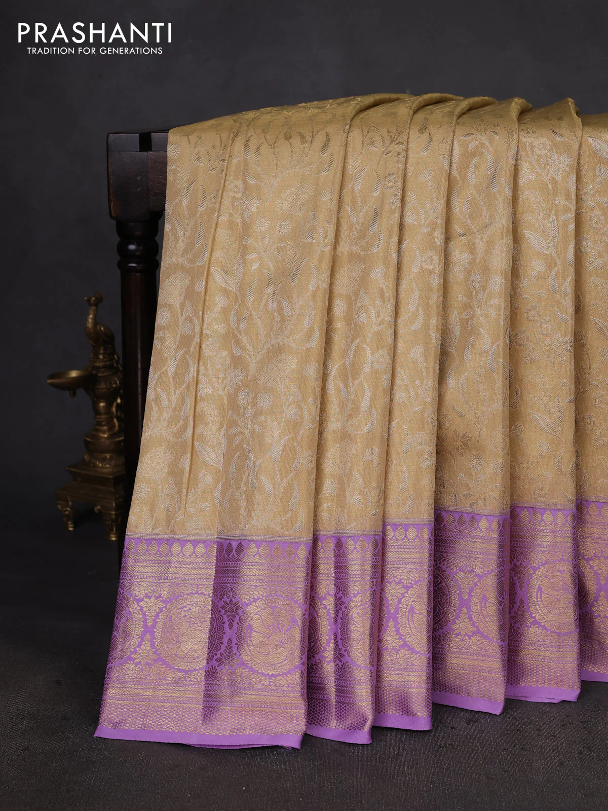 Kanchipuram silk saree sandal and lavender with allover zari woven brocade weaves and zari woven border