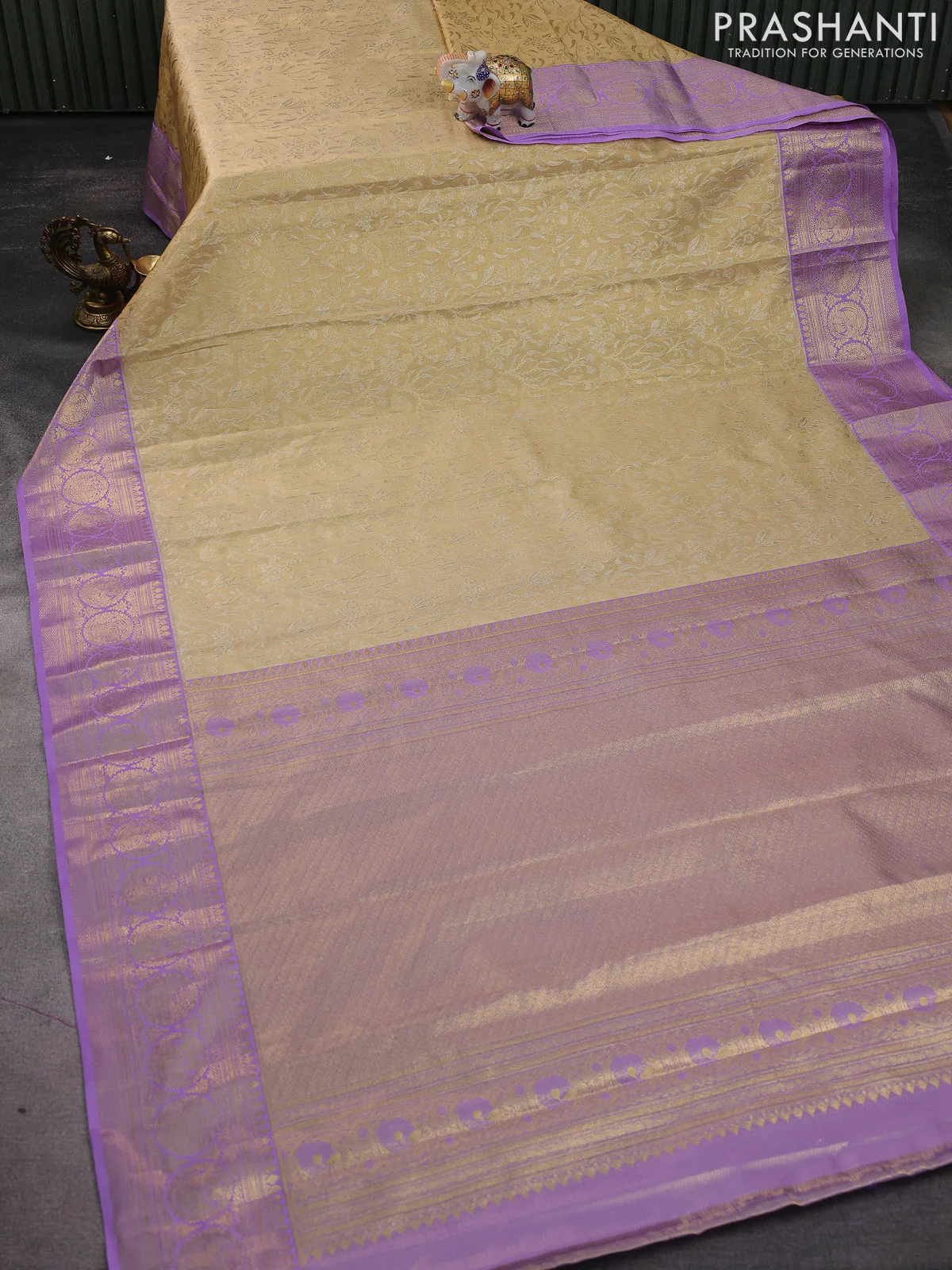 Kanchipuram silk saree sandal and lavender with allover zari woven brocade weaves and zari woven border - Image 2