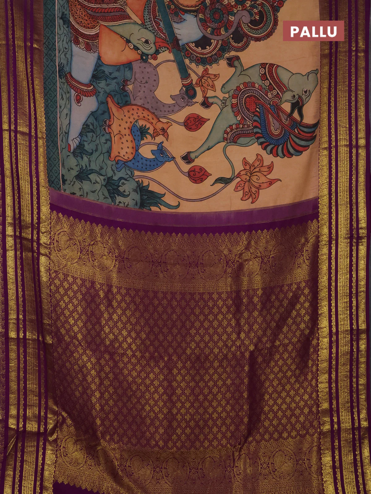 Pure kanchipuram silk saree sandal and purple with allover penkalamkari prints and rich zari woven border - Image 3