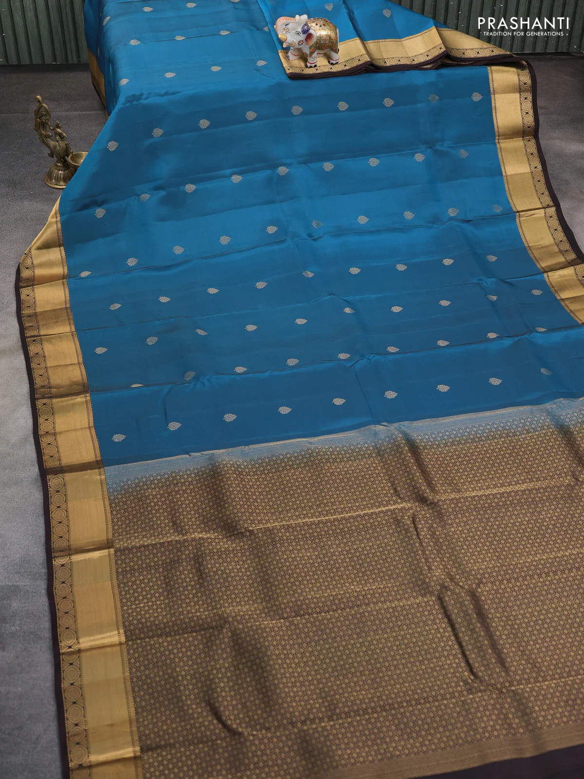 Kanchipuram silk saree teal blue and coffee brown with zari woven buttas and zari woven border - Image 2