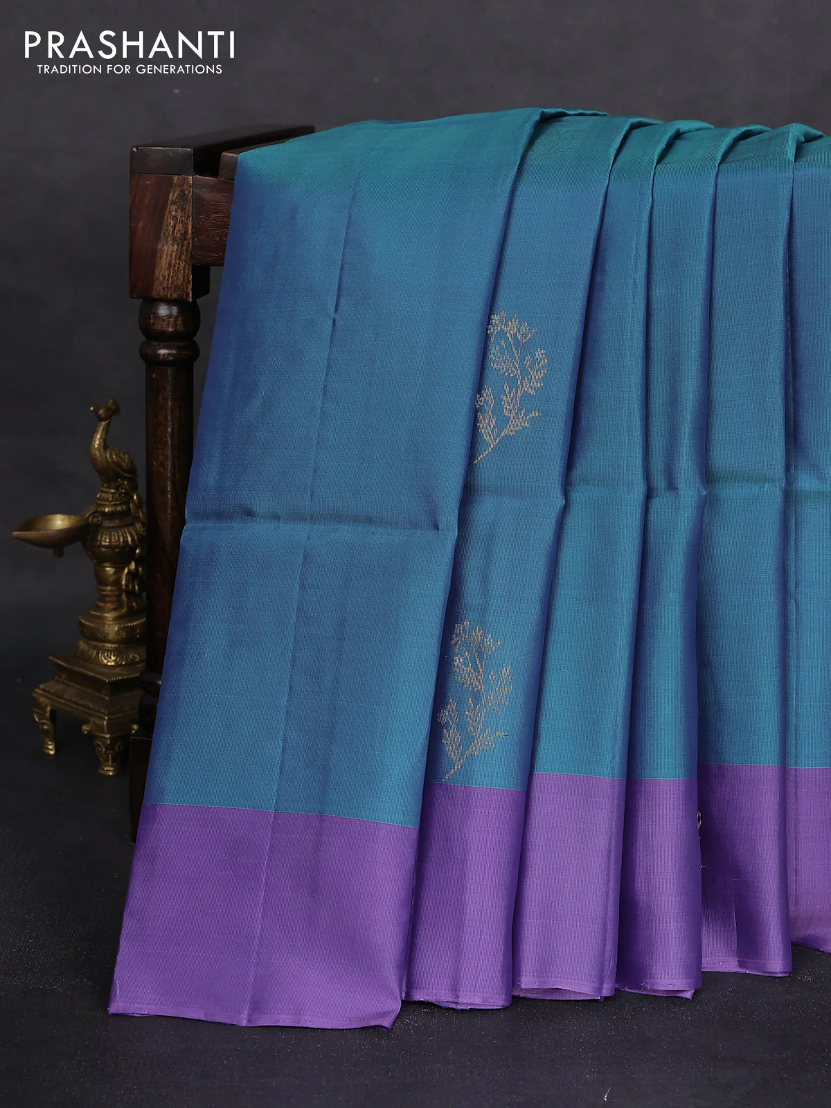 Kanchipuram silk saree teal blue and lavender with zari woven buttas and zari woven butta border