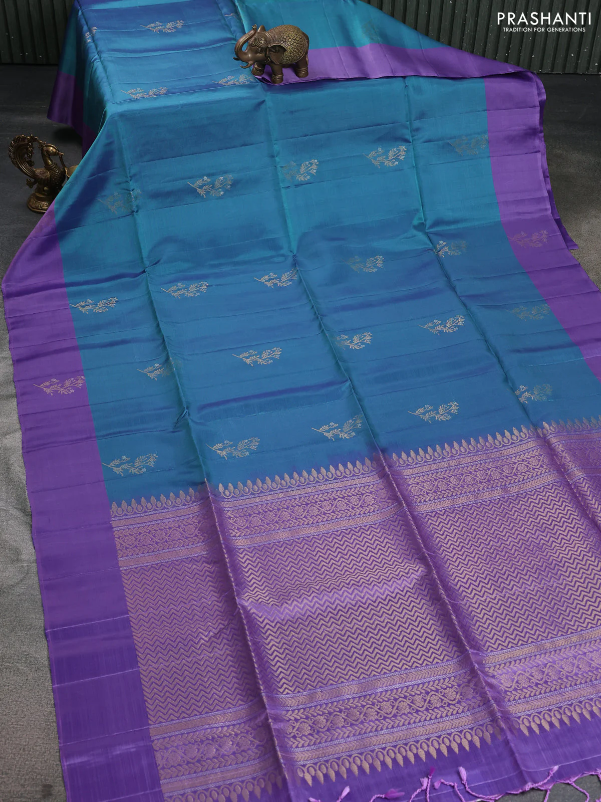 Kanchipuram silk saree teal blue and lavender with zari woven buttas and zari woven butta border - Image 2