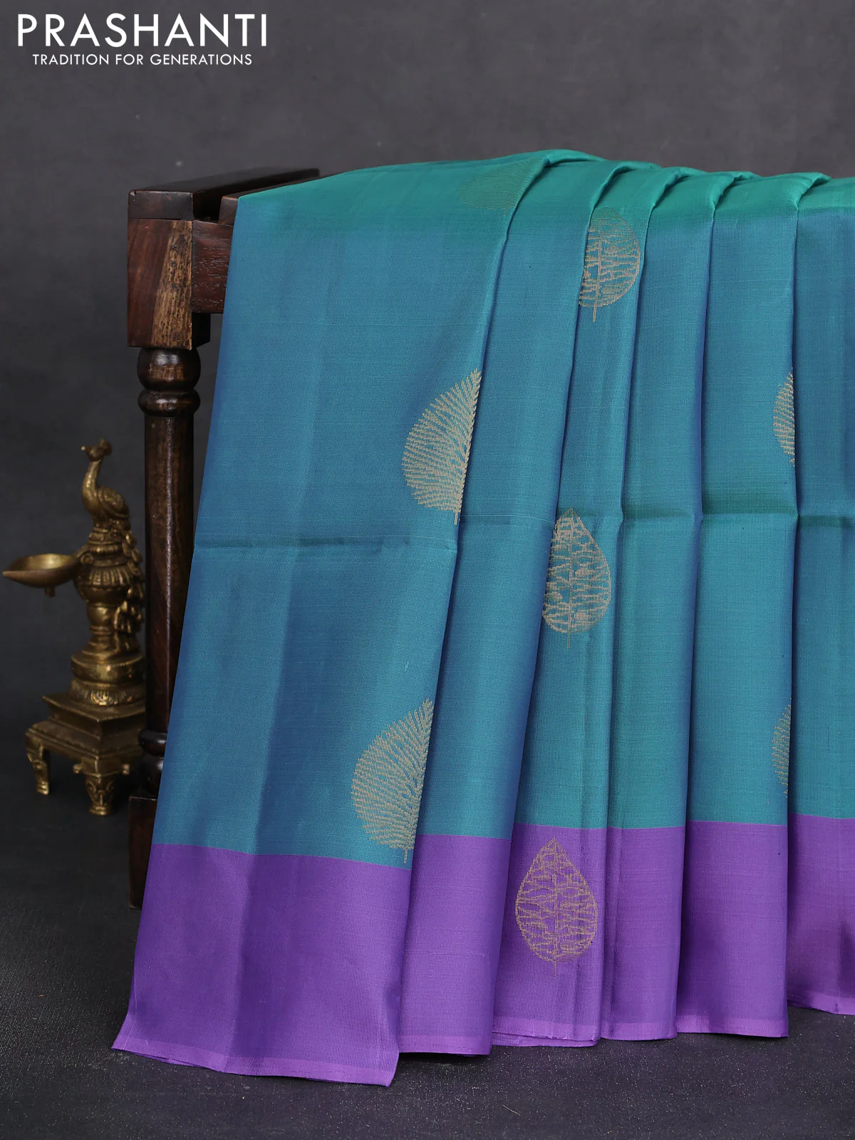 Kanchipuram silk saree teal blue and lavender with zari woven buttas and zari woven butta border