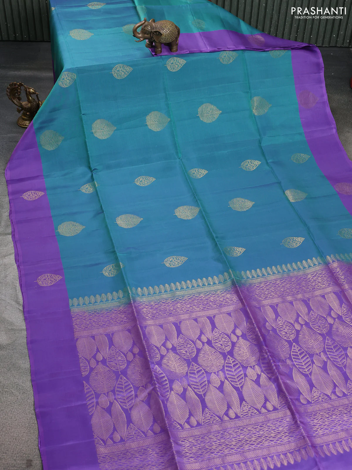 Kanchipuram silk saree teal blue and lavender with zari woven buttas and zari woven butta border - Image 2