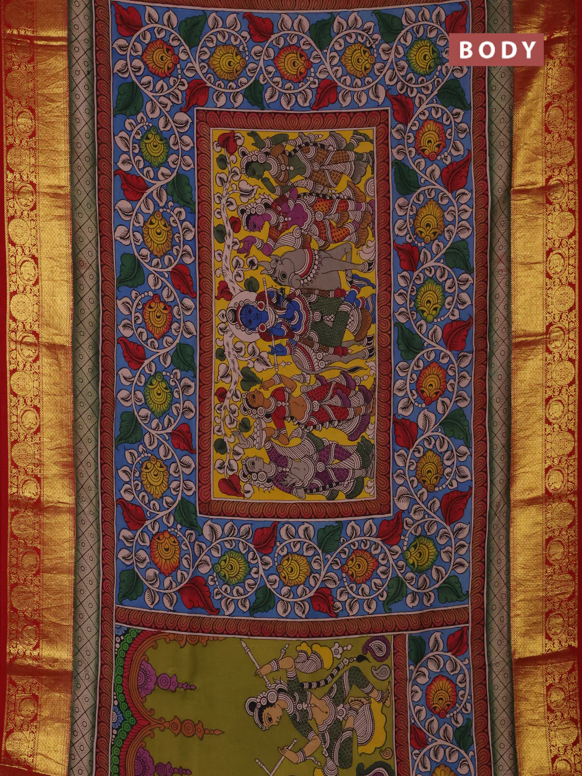 Pure kanchipuram silk saree teal blue and maroon with allover penkalamkari prints and annam zari woven border - Image 2