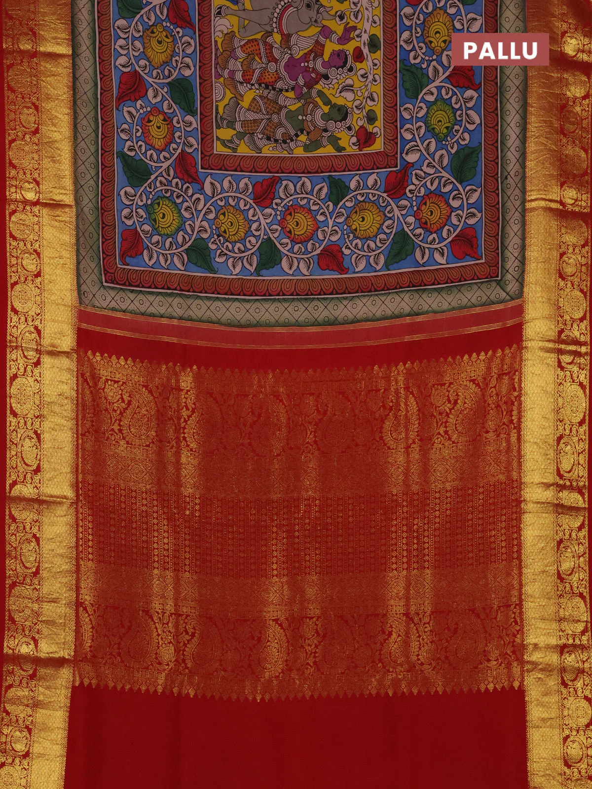 Pure kanchipuram silk saree teal blue and maroon with allover penkalamkari prints and annam zari woven border - Image 3