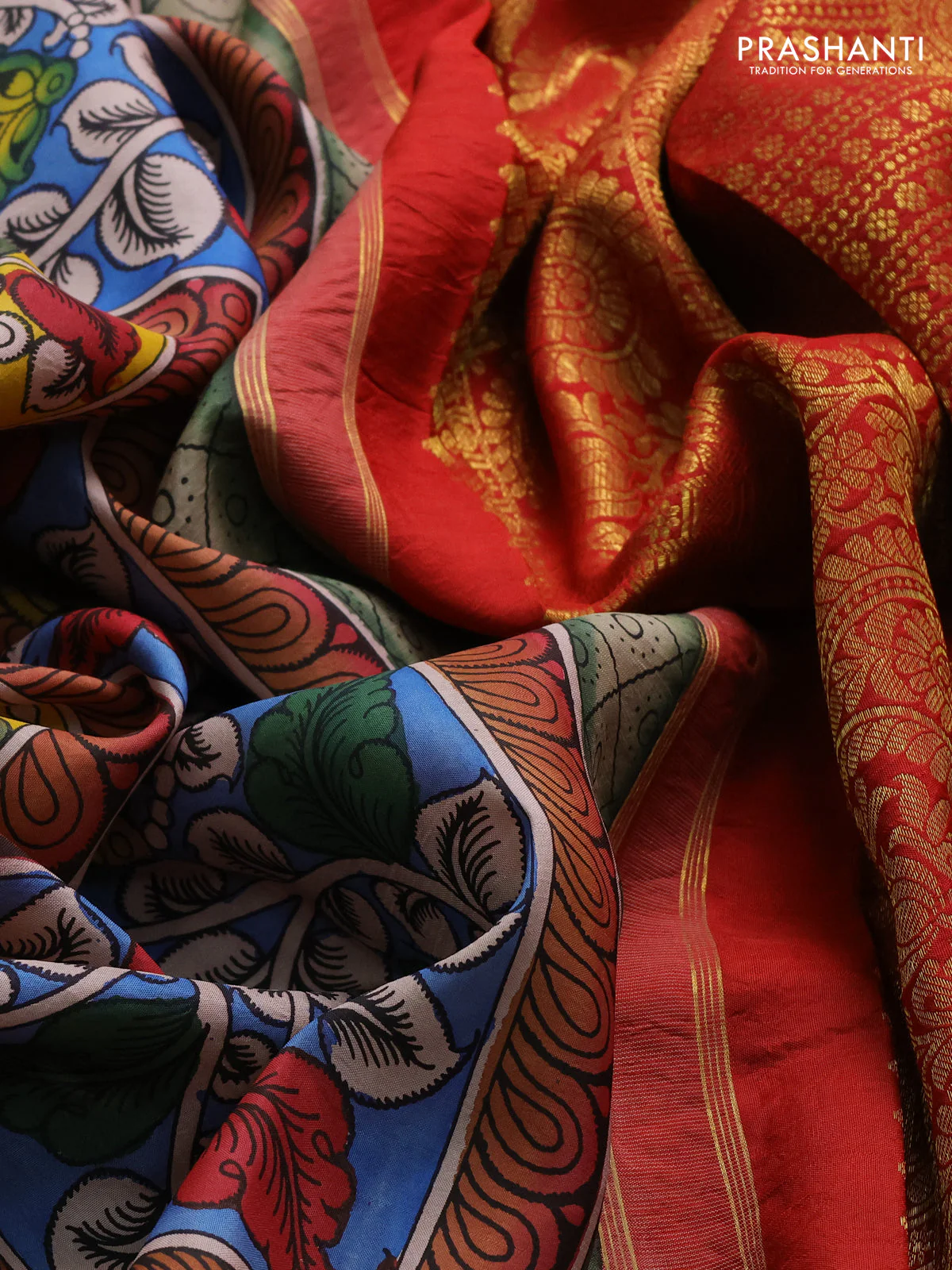 Pure kanchipuram silk saree teal blue and maroon with allover penkalamkari prints and annam zari woven border - Image 4